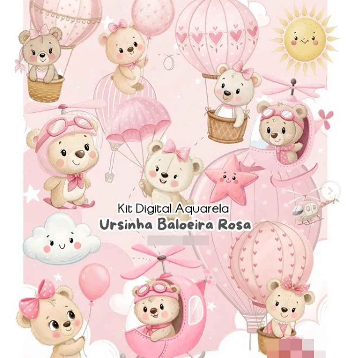 Kit Digital Ursinha Baloeira em Aquarela Arquivo em Png 1