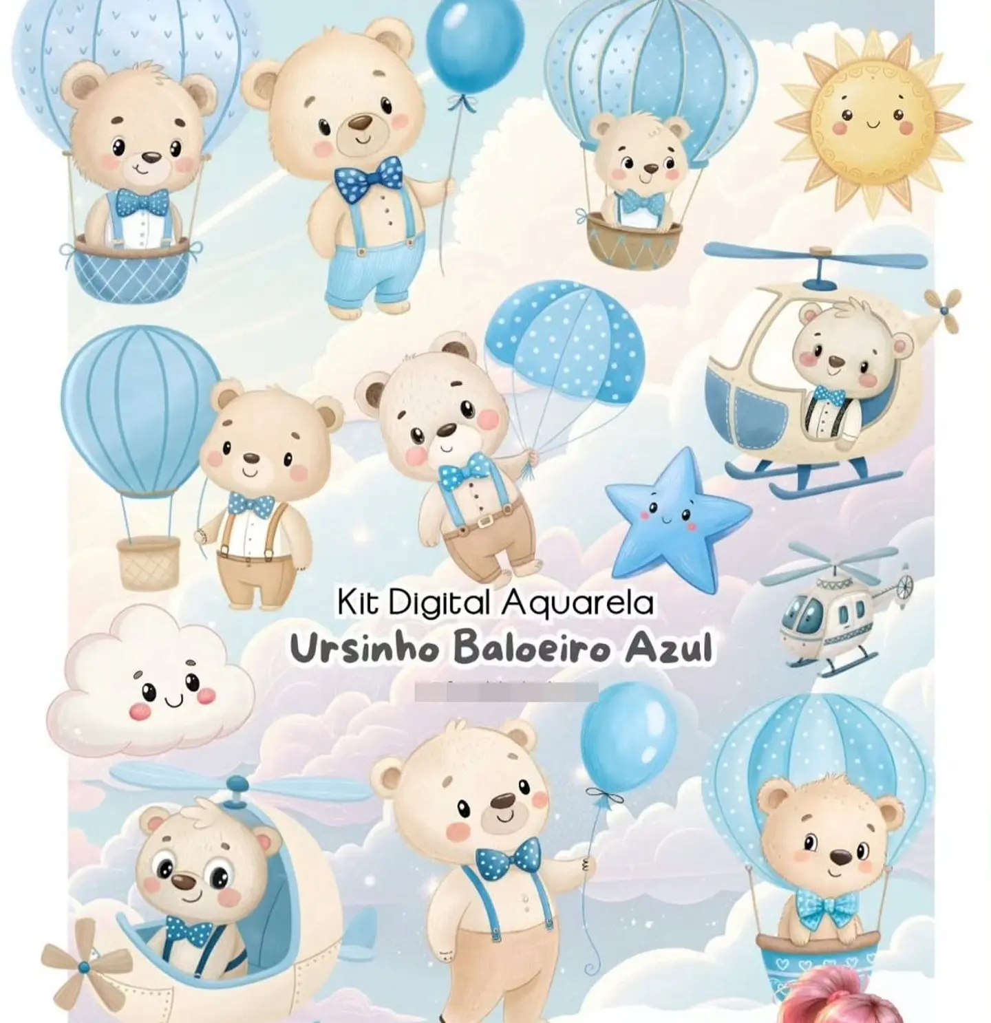 Kit Digital Ursinho Baloeiro Aquarela Arquivo em Png  1