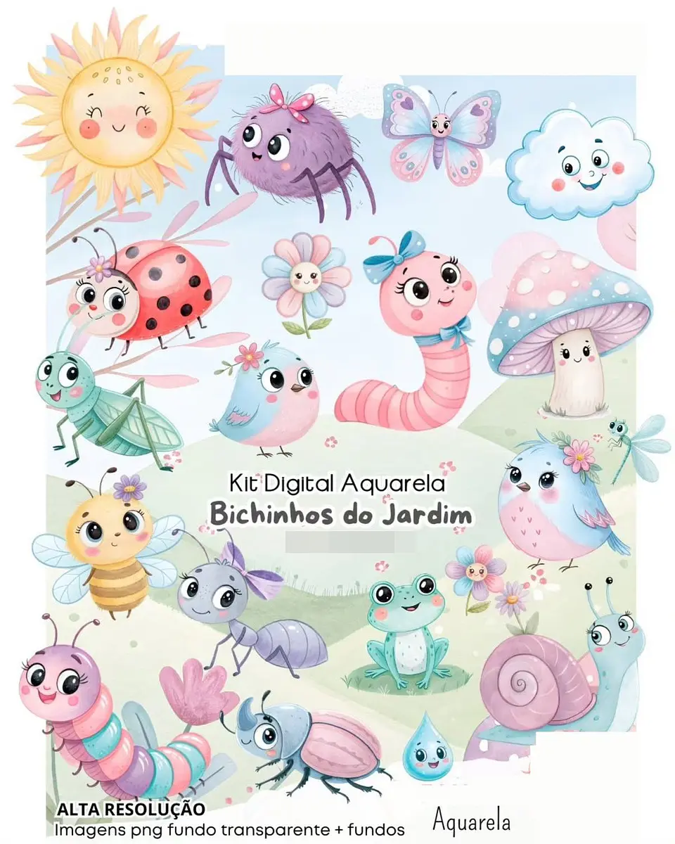 Kit Digital Bichinhos do Jardim Aquarela Arquivo em Png 1