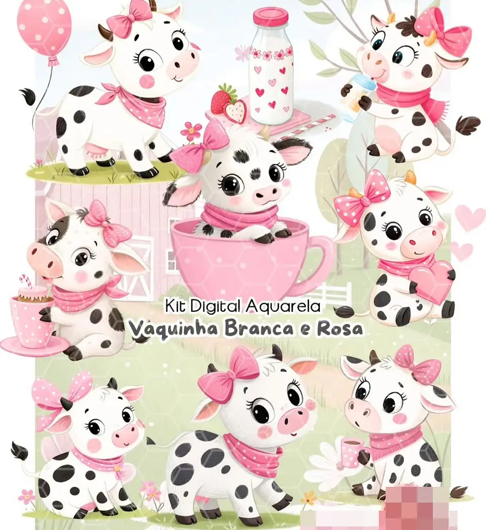 Kit Digital Vaquinha Branca e Rosa Aquarela Arquivo em Png 1