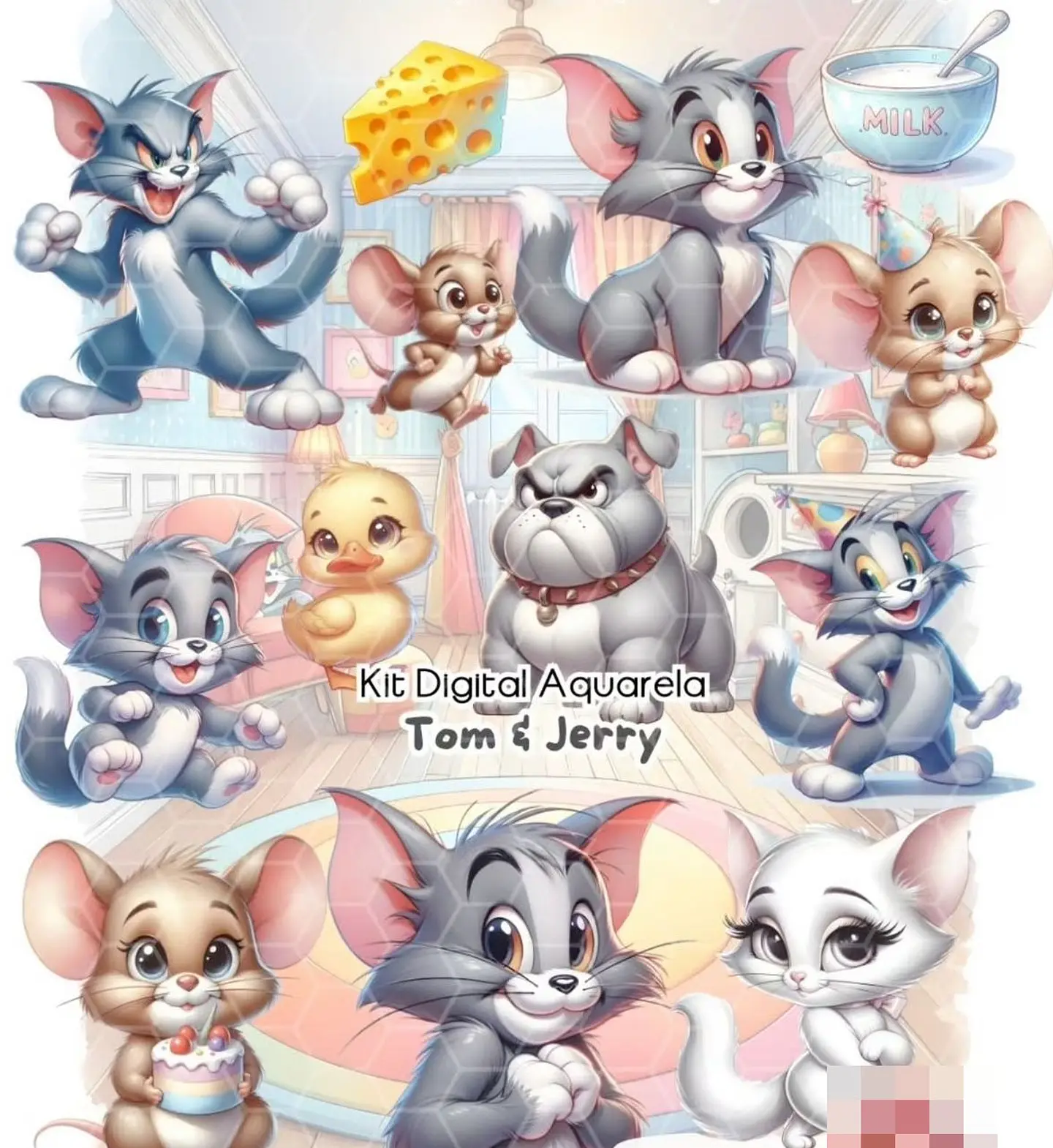 Kit Digital Tom e Jerry Aquarela Arquivo em Png 1