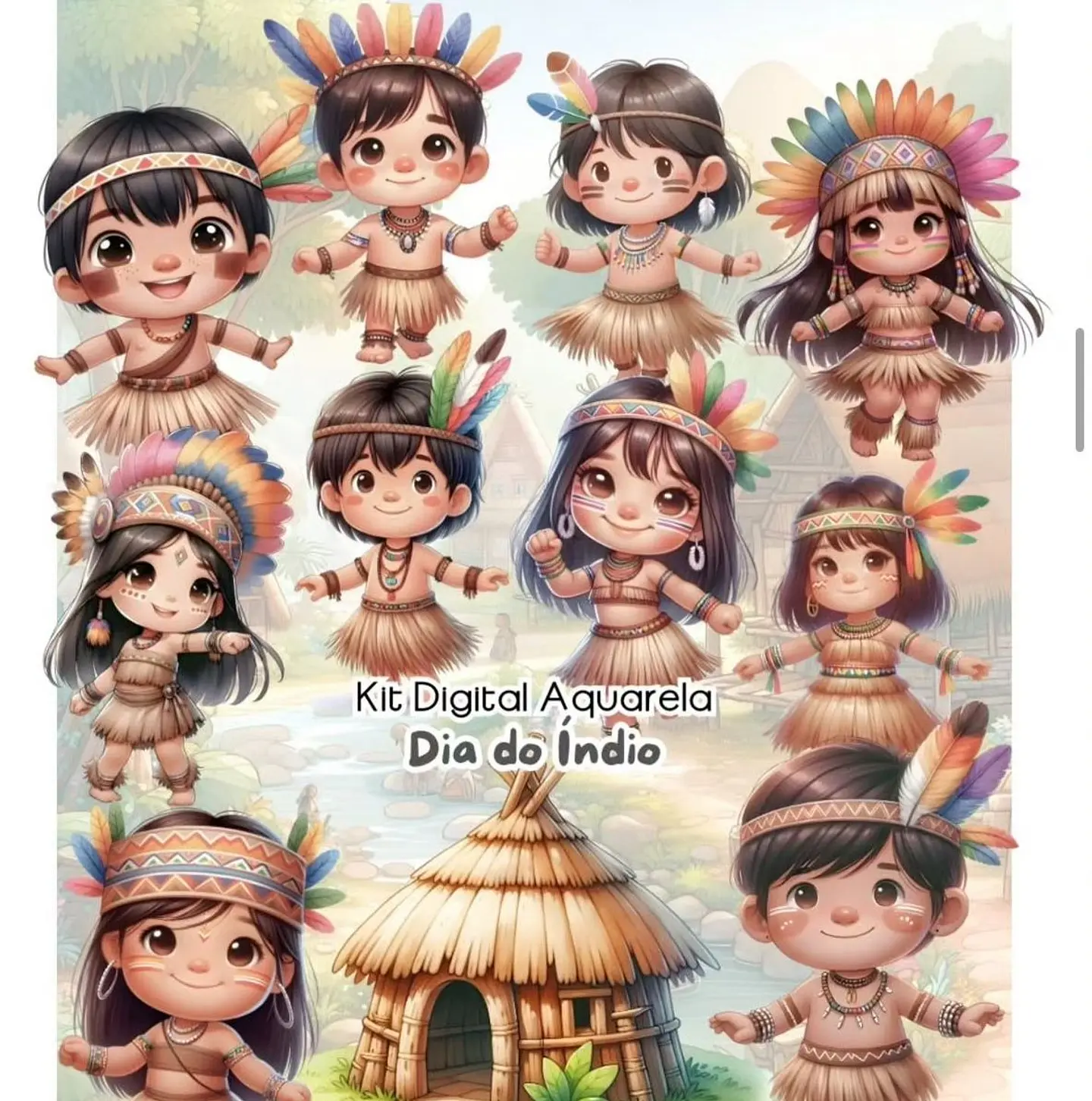 Kit Digital Dia do Índio Aquarela Arquivo em Png   1