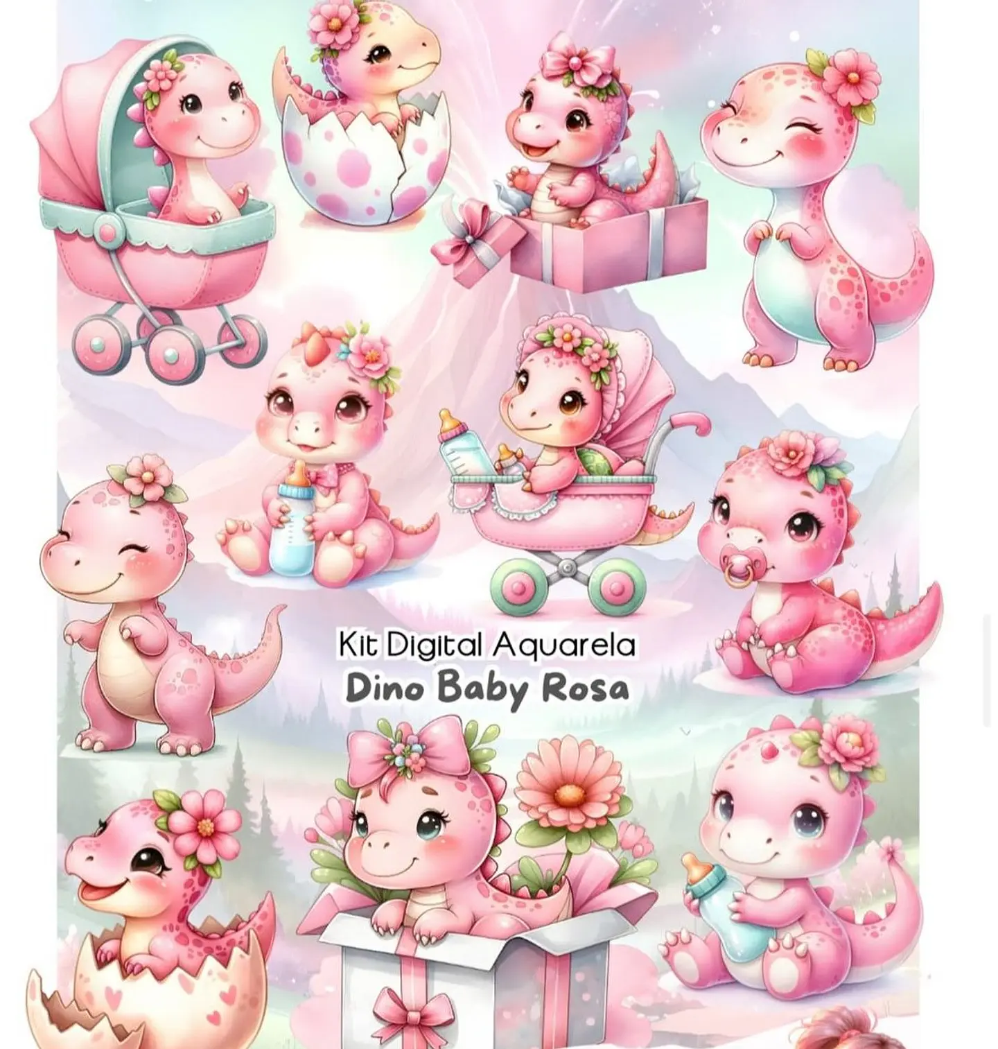 Kit Digital Dinossauro Rosa  Aquarela Arquivo em Png  1