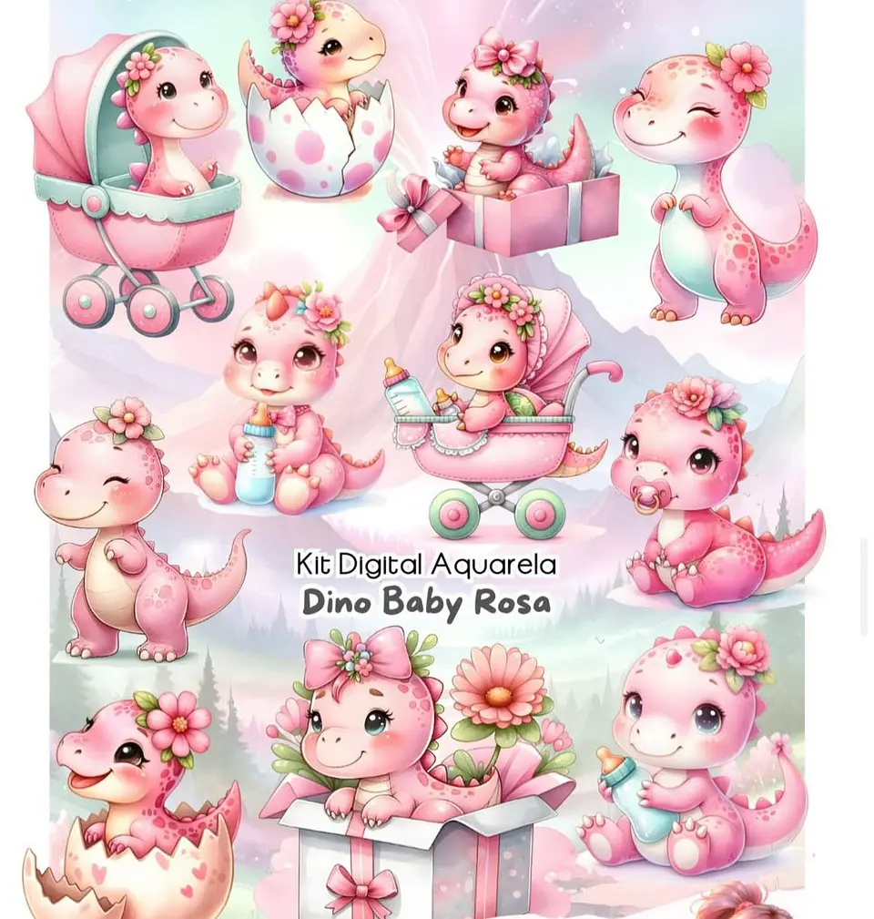 Kit Digital Dinossauro Rosa  Aquarela Arquivo em Png  1