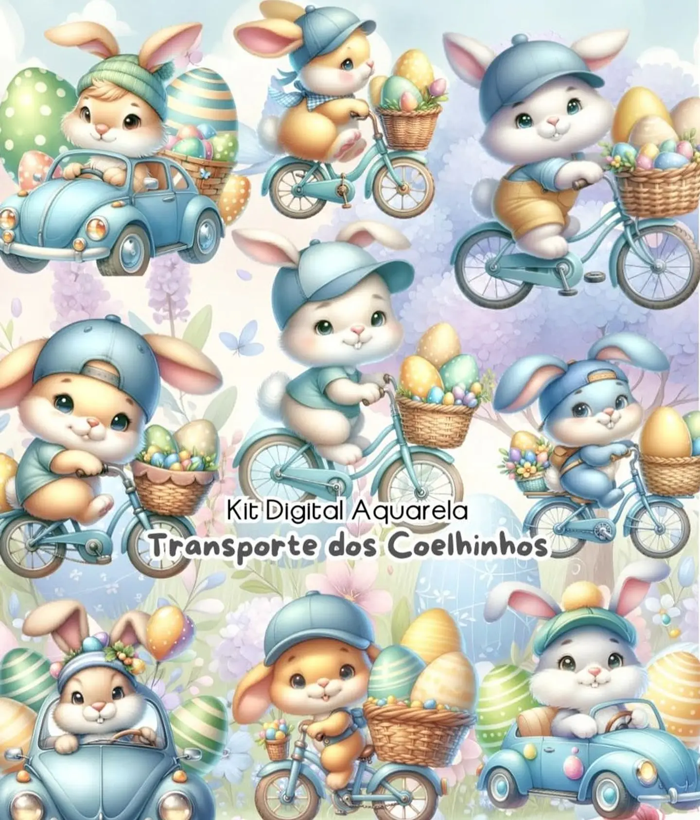 Kit Digital Coelho da Páscoa Transporte Rosa e Azul Arquivo em Png  2