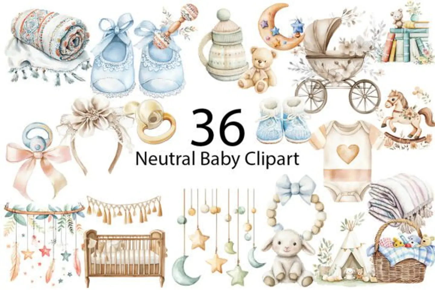 Kit Digital Baby Boho e Neutro Aquarela em Png  2