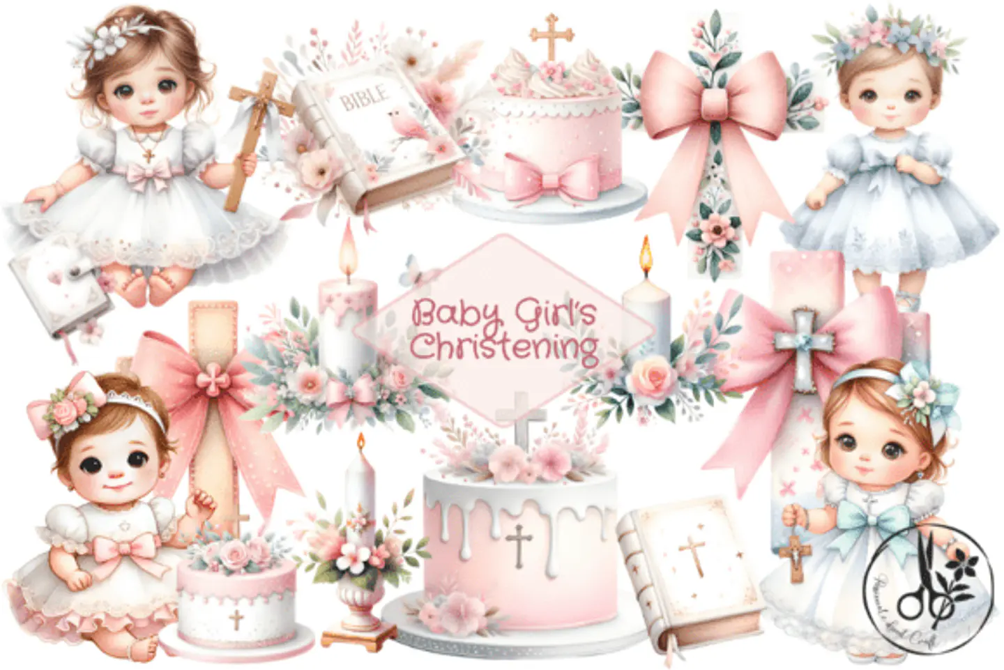 Kit Digital Batizado Menina Aquarela em Png  1