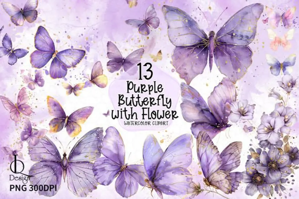 Kit Digital Borboleta Lilás Aquarela em Png 1
