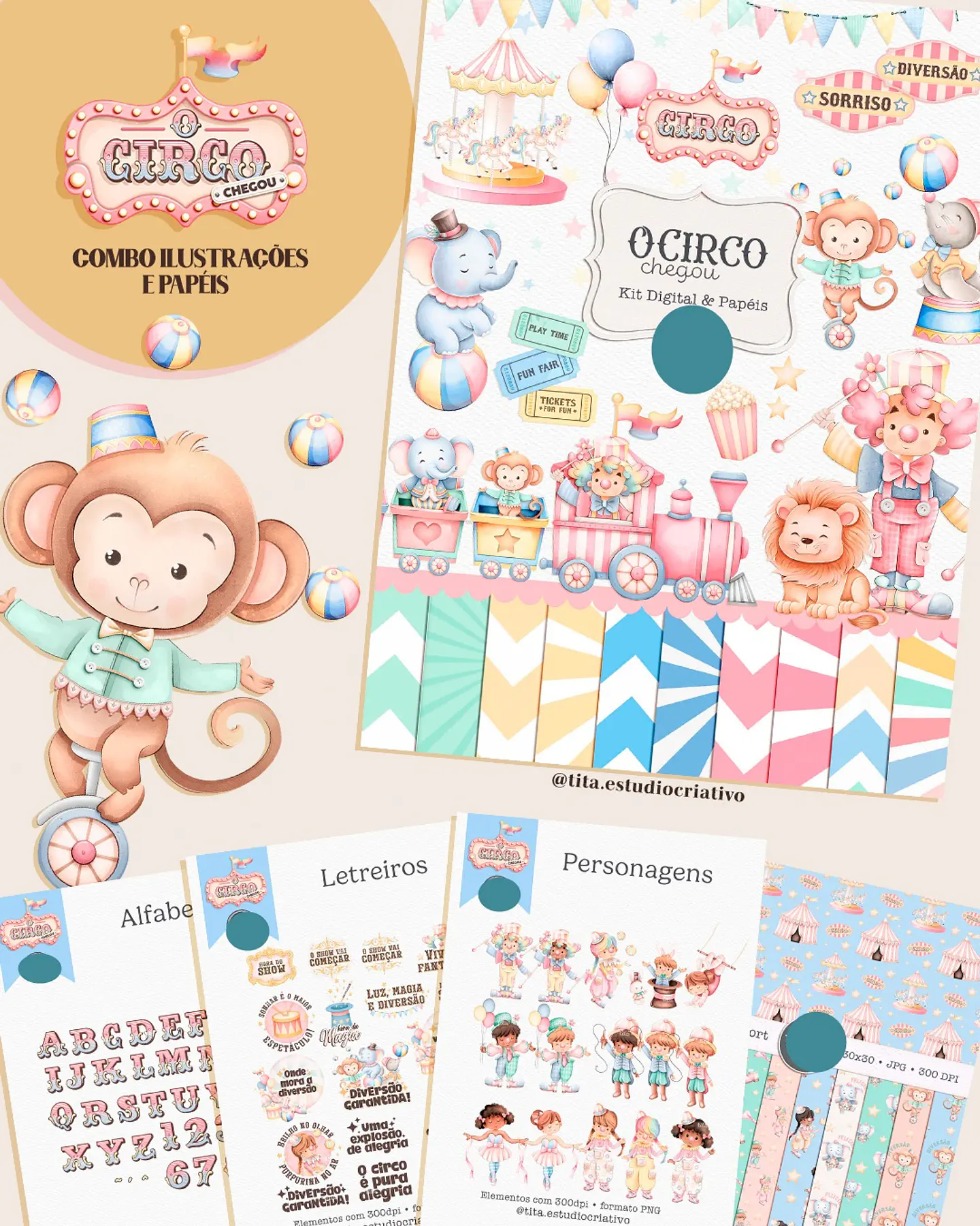 Kit Digital Circo Aquarela em Png 1