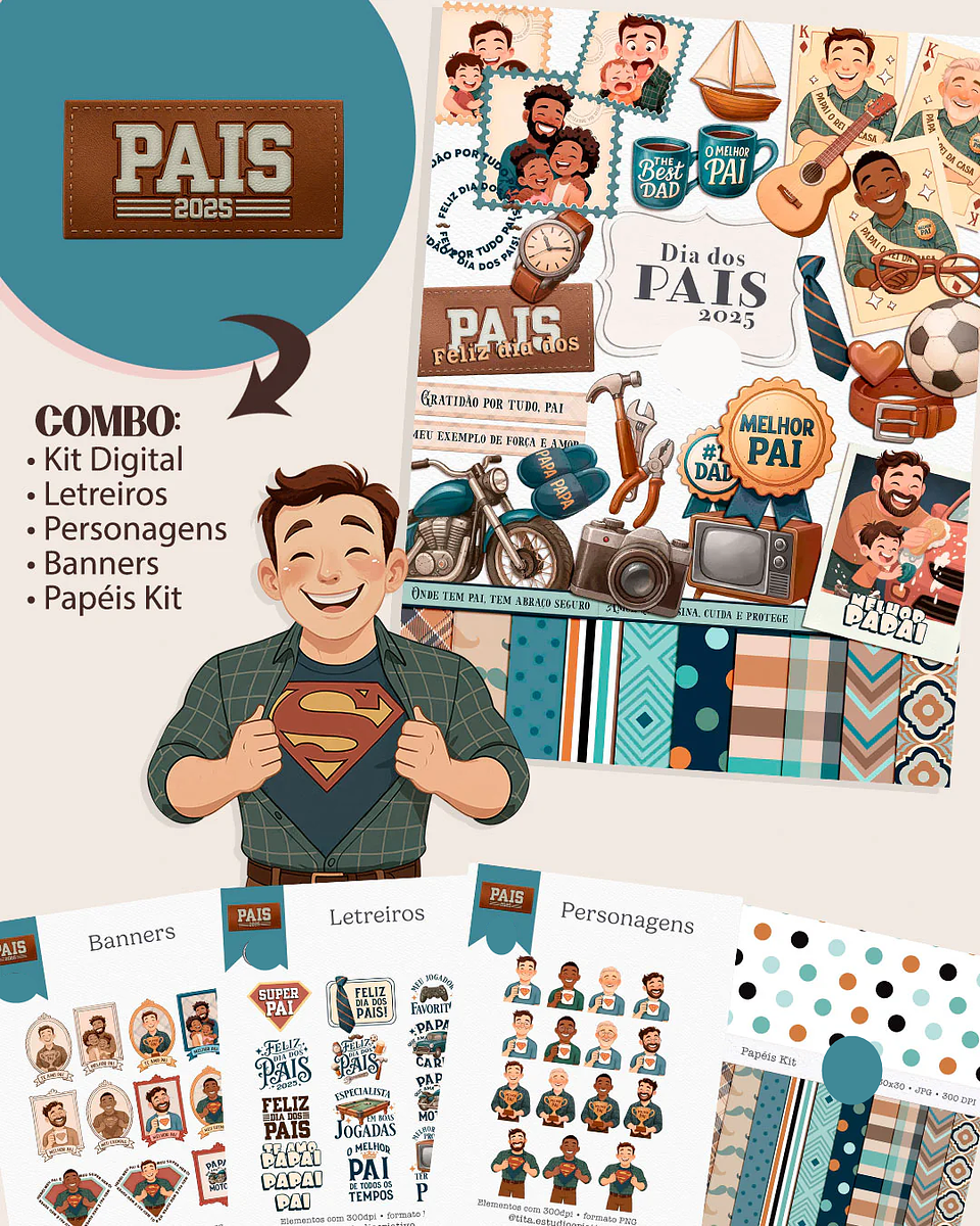 Kit Digital Dia dos Pais Aquarela em Png  1