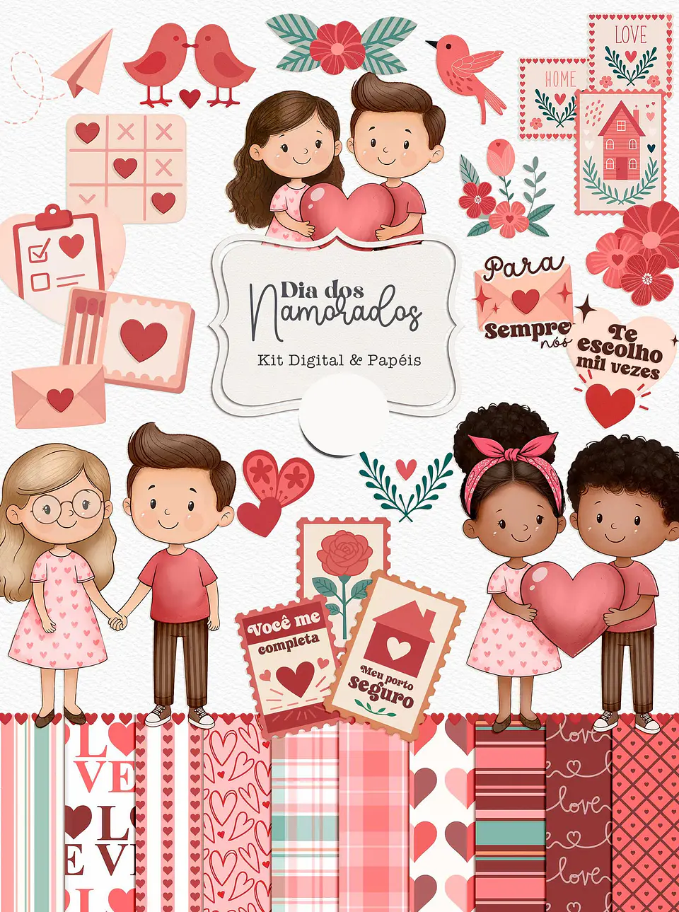 Kit Digital Dia dos Namorados Aquarela em Png 1