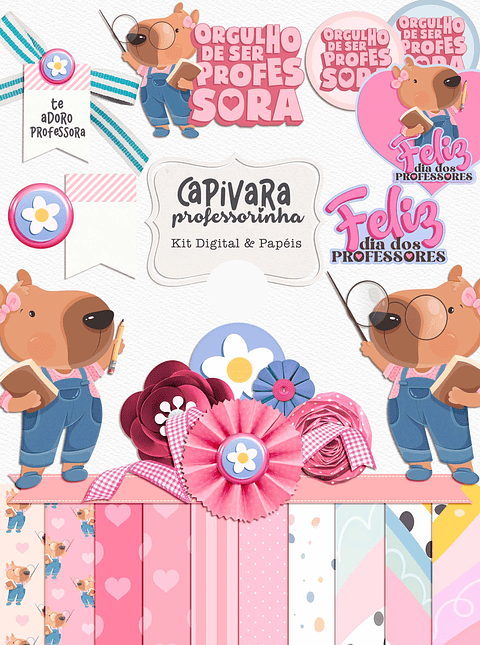Kit Digital Capivara Professoras Aquarela em Png