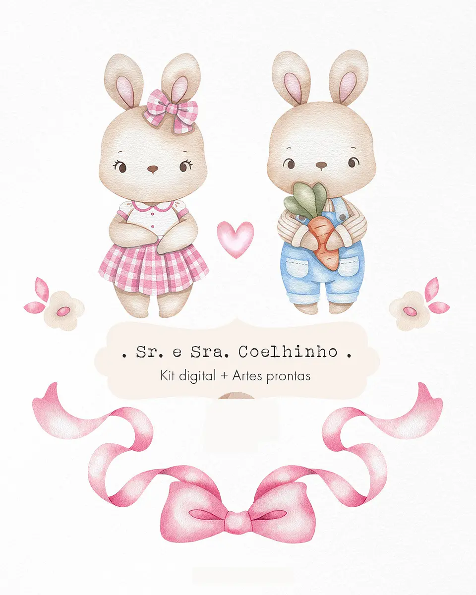 Kit Digital Senhor e Senhora Coelho Azul e Rosa em Png 1