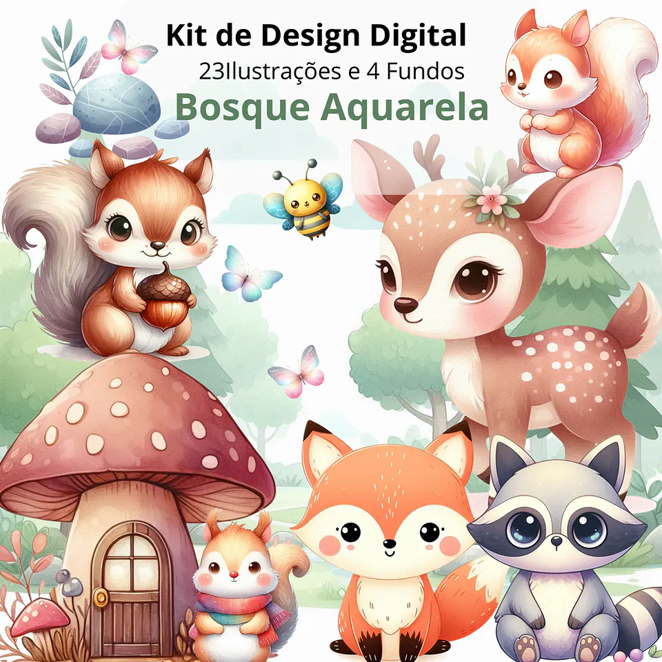 Kit Digital Bosque Aquarela em Png 1