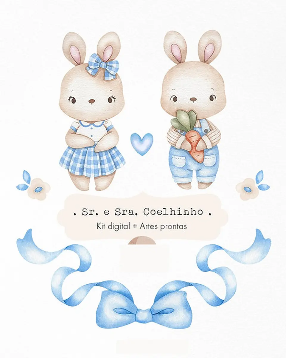 Kit Digital Senhor e Senhora Coelho Azul e Rosa em Png 2