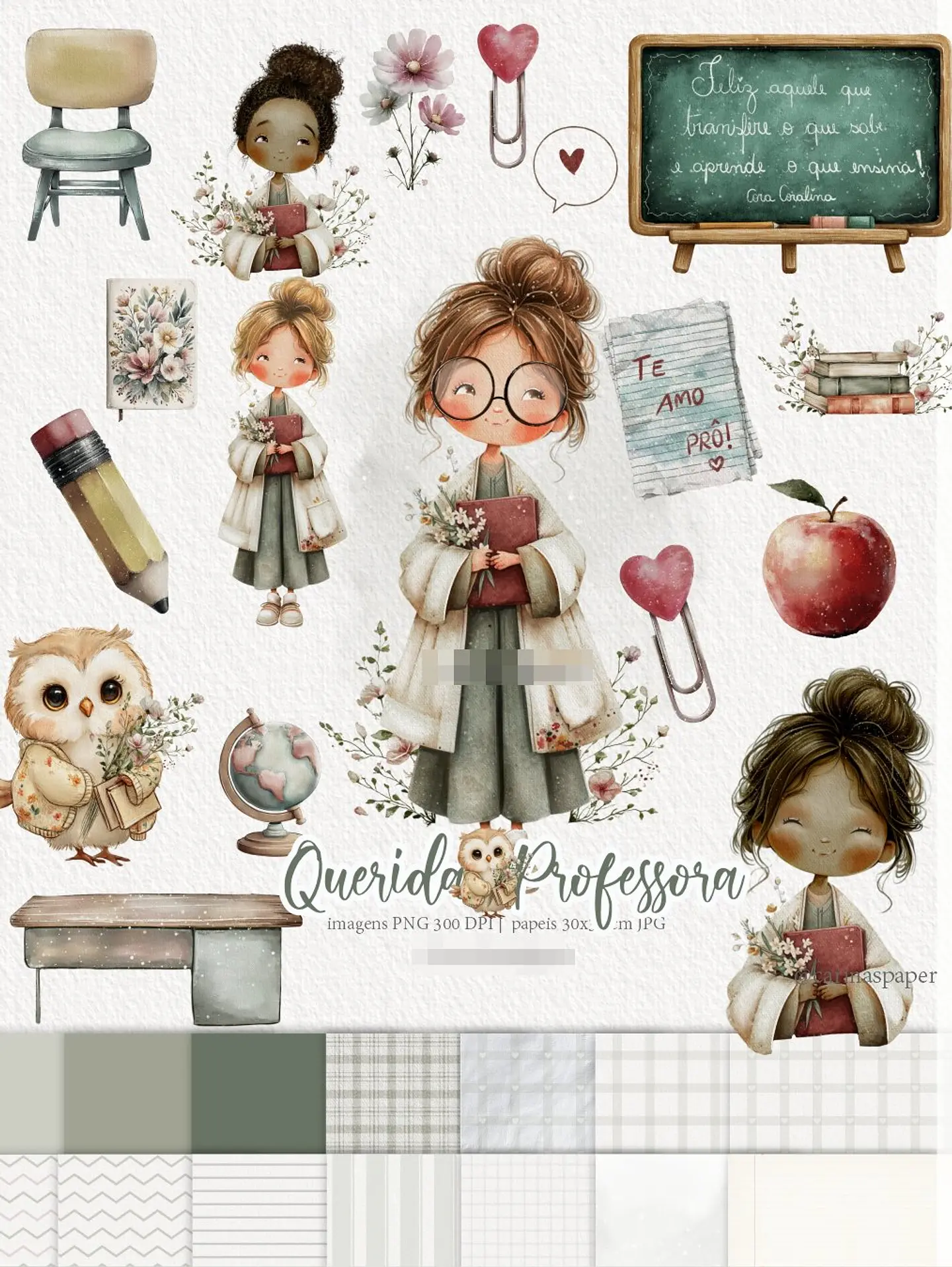 Kit Digital Querida Professora Aquarela em Png 1