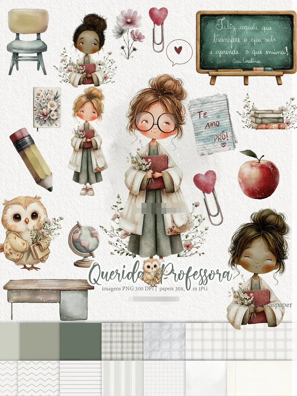 Kit Digital Querida Professora Aquarela em Png 1