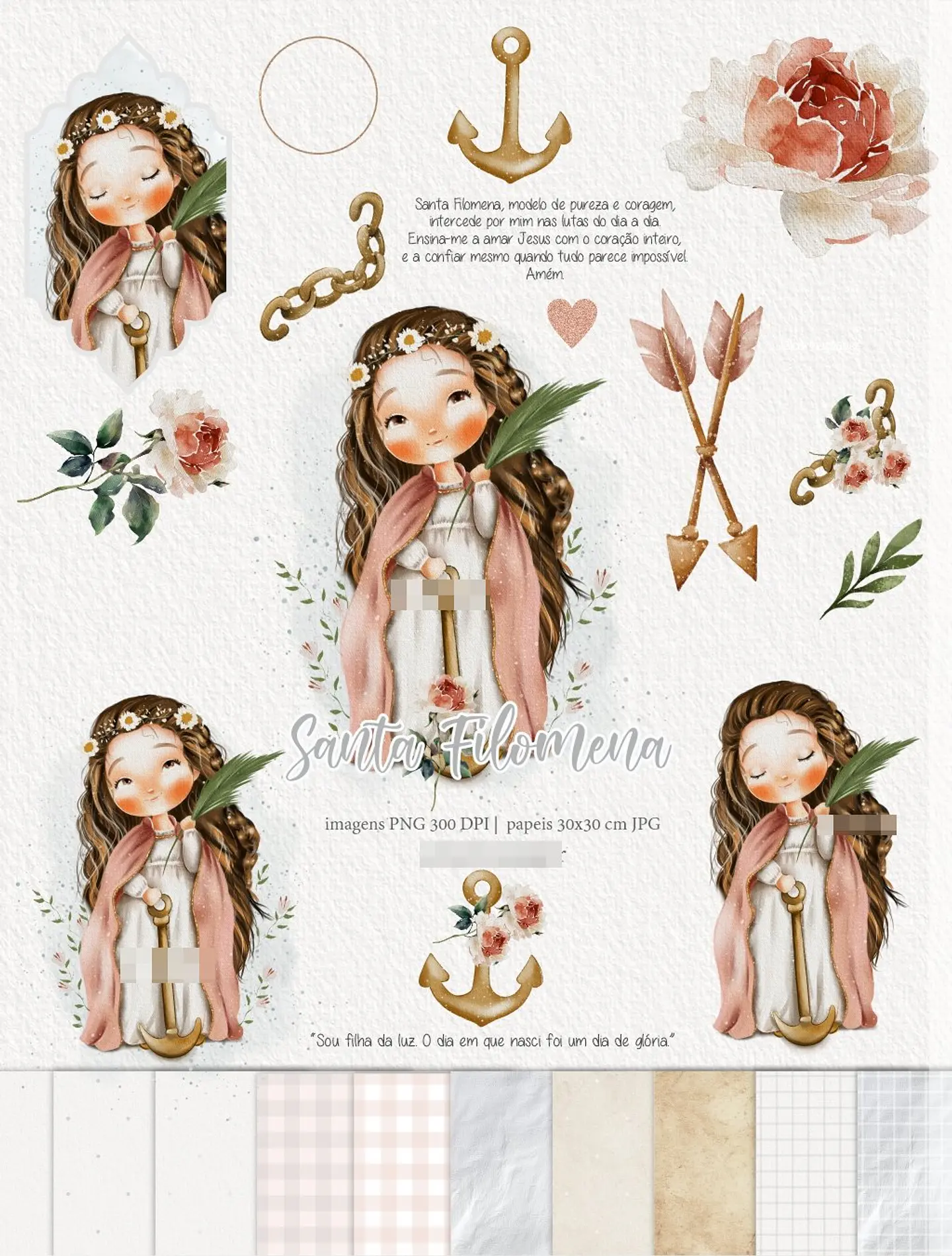 Kit Digital Santa Filomena Aquarela em Png  1