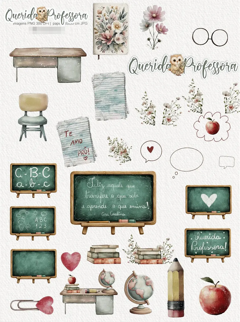 Kit Digital Querida Professora Aquarela em Png 4