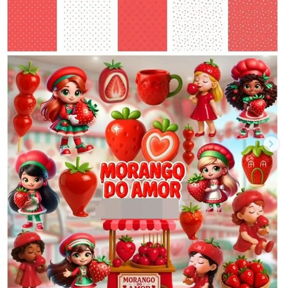 Kit Digital Morango Do Amor 3D em Png  1