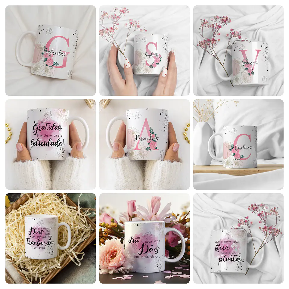 26 Artes para Caneca Alfabeto Frases Floral Arquivo Editável  2