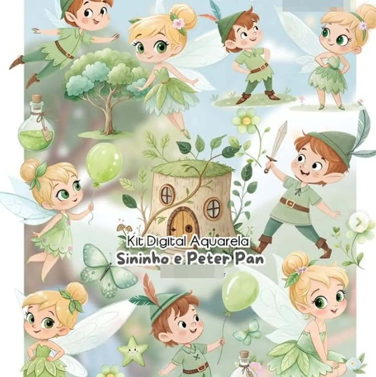Kit Digital  Sininho e Perter Pan Aquarela em Png 1