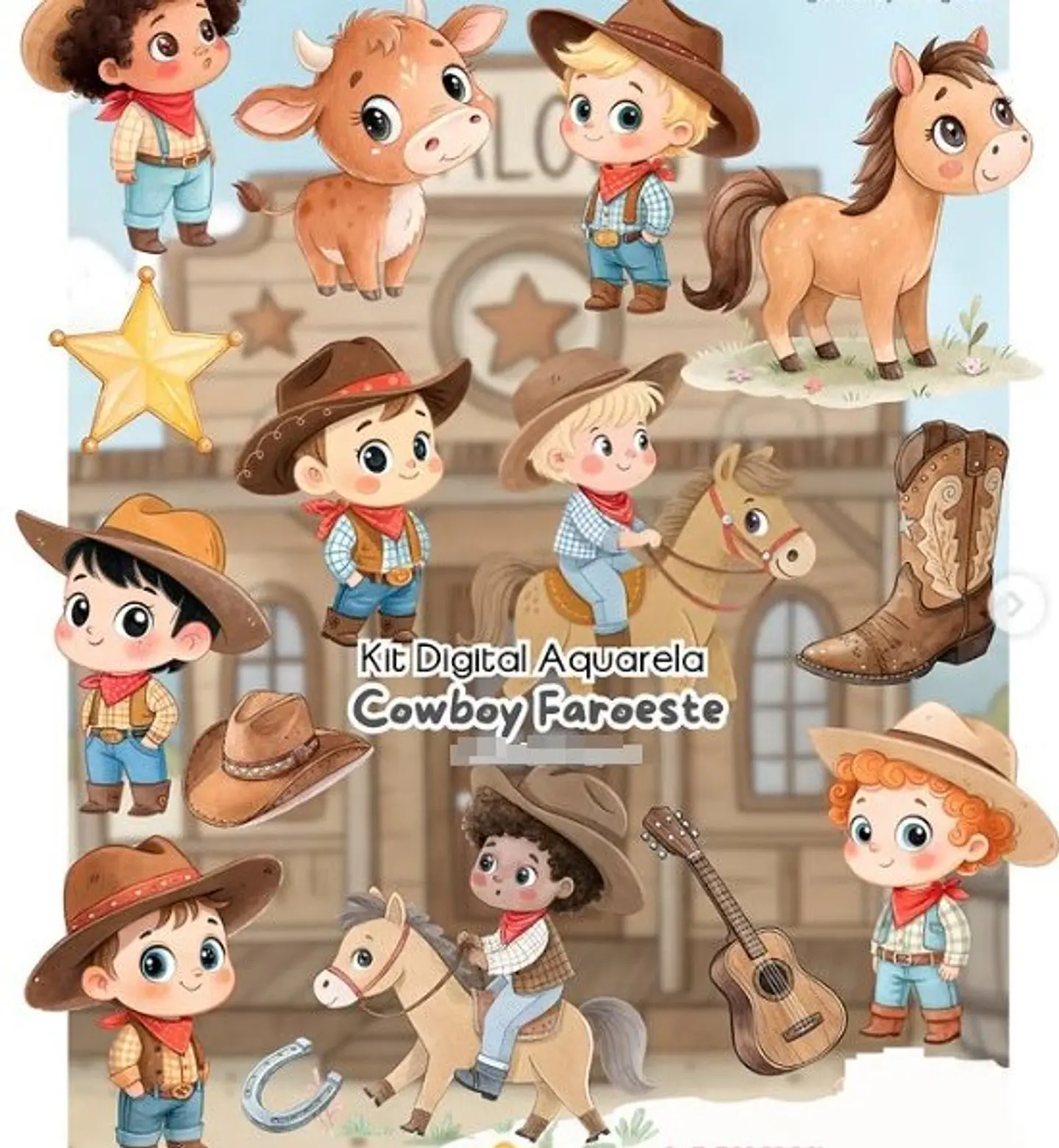 Kit Digital Cowboy Faroeste Aquarela em Png  1