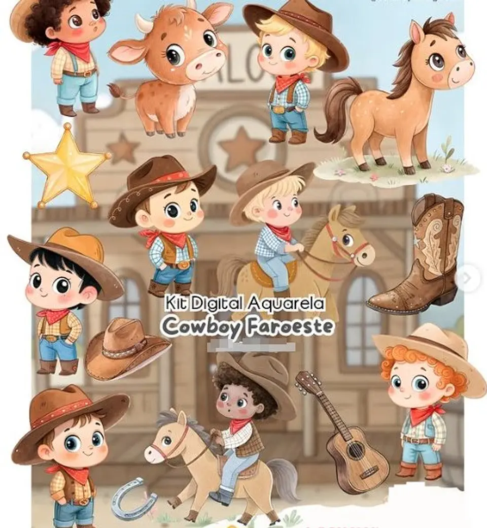 Kit Digital Cowboy Faroeste Aquarela em Png  1