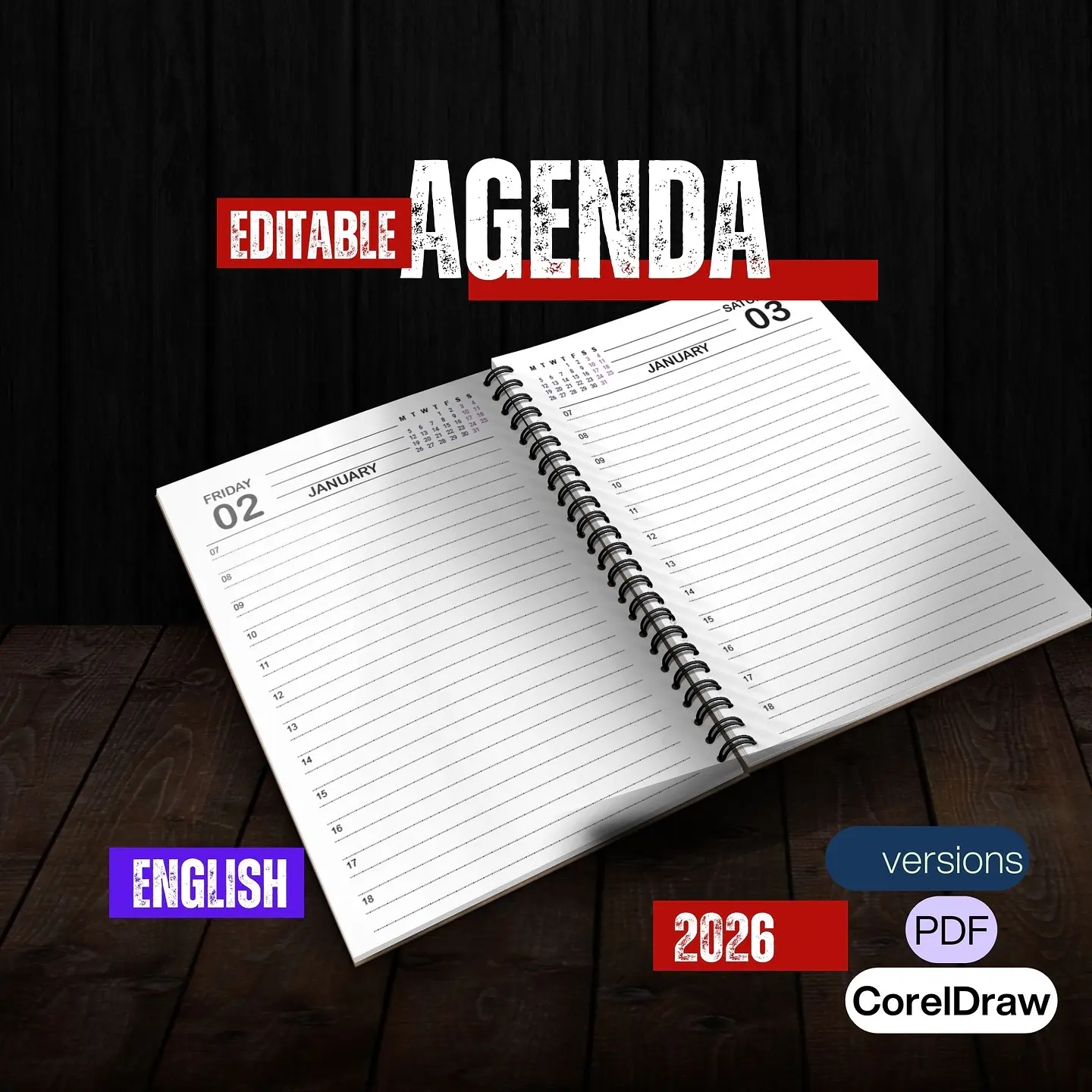 Arquivo 2026 Agenda Editable English en CorelDraw  1