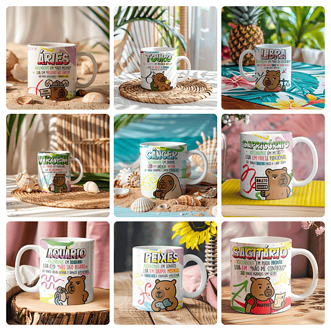 24 Artes para Caneca e Squeeze Capivara Signos Arquivo Editável