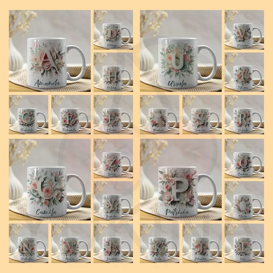 26 Artes Caneca Alfabeto Floral 3D Arquivo em Jpg  1