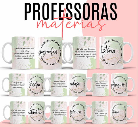 8 Artes para Caneca Professoras Matérias Arquivo Editável 