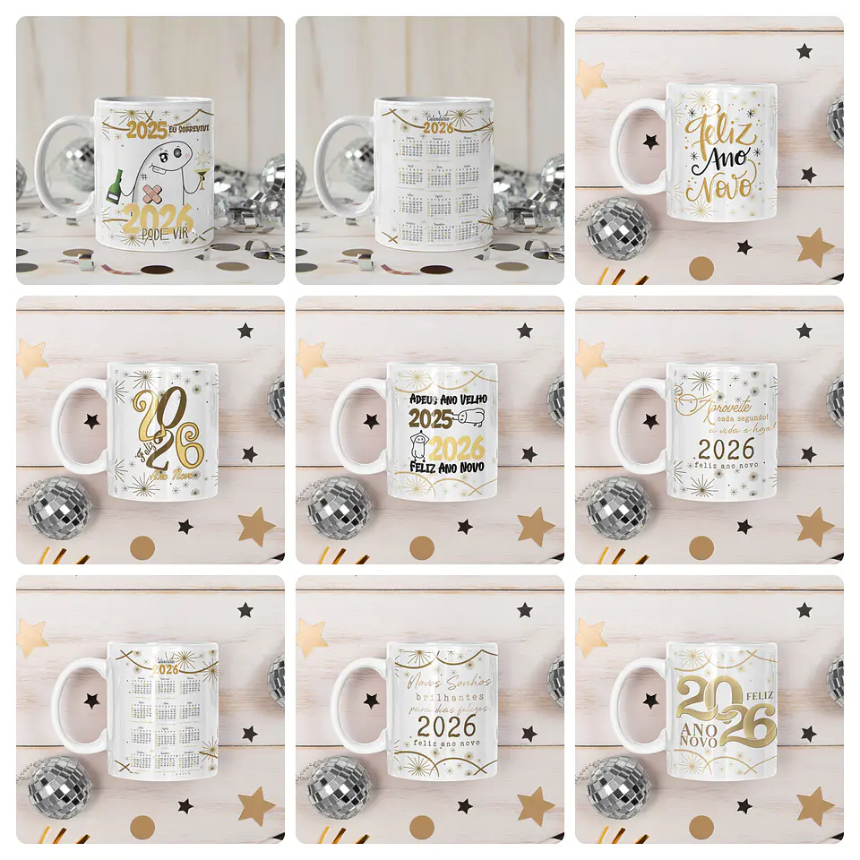 25 Artes Caneca Ano Novo Calendário 2026 Arquivo Editável  8