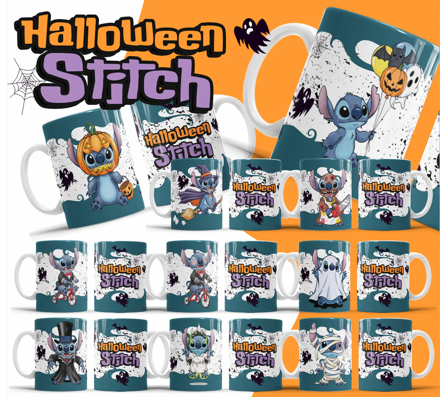26 Artes para Caneca Halloween Stitch Arquivo Editável 2