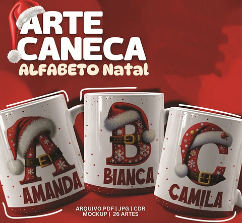26 Artes para Caneca Alfabeto Natalino Arquivo Editável 