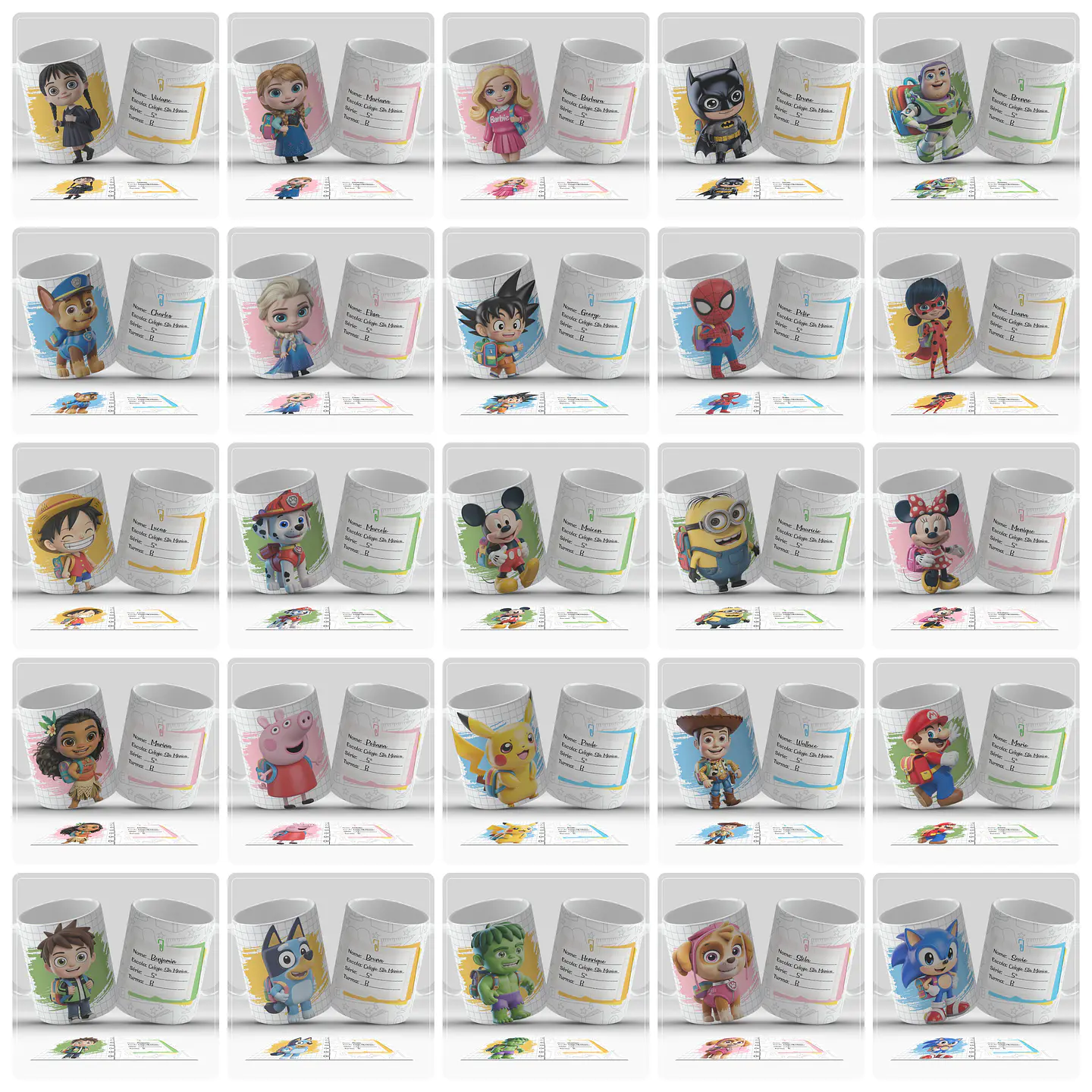 100 Artes para Caneca, Toalhinha e Garrafinha Personagens Volta as aulas Arquivo em Png 9