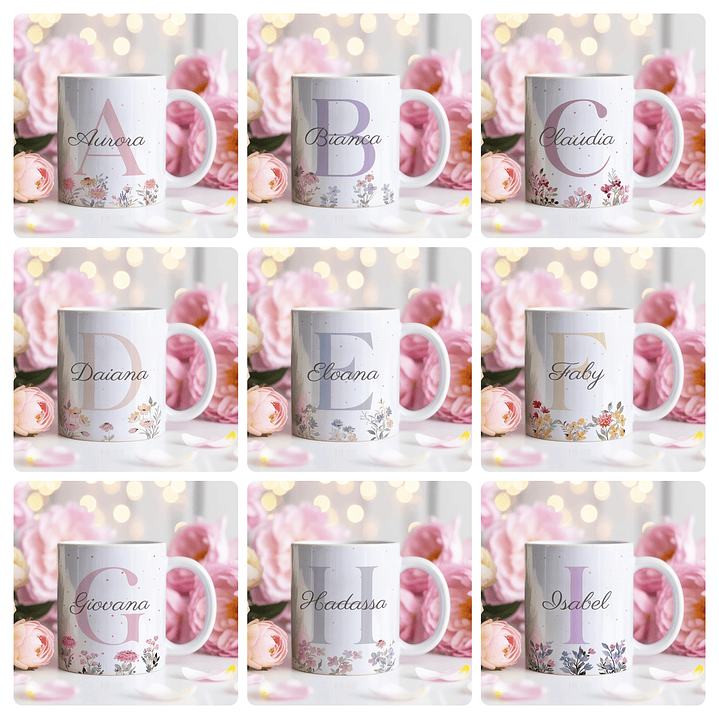 26 Artes para Caneca Alfabeto Feminino Flores Arquivo Editável  1