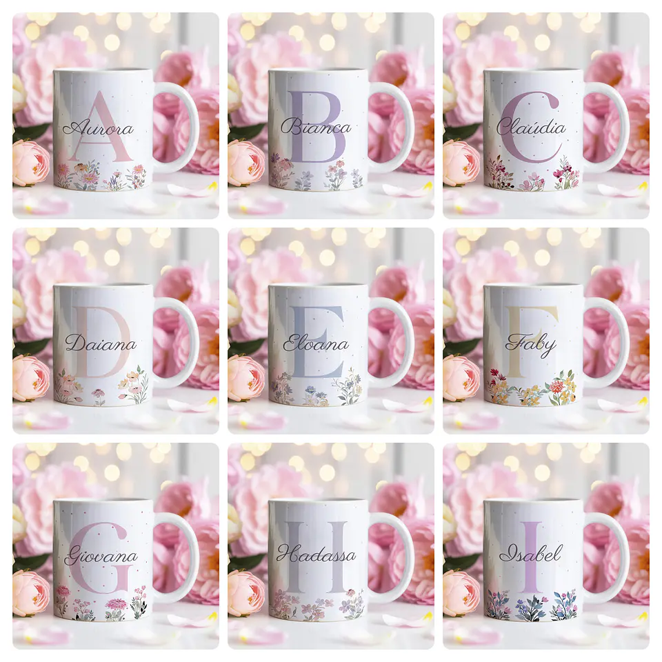 26 Artes para Caneca Alfabeto Feminino Flores Arquivo Editável  1