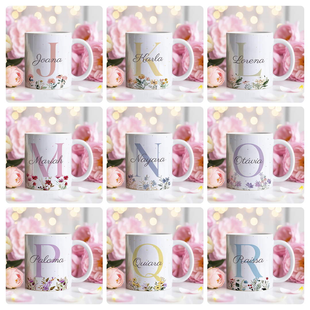 26 Artes para Caneca Alfabeto Feminino Flores Arquivo Editável  2