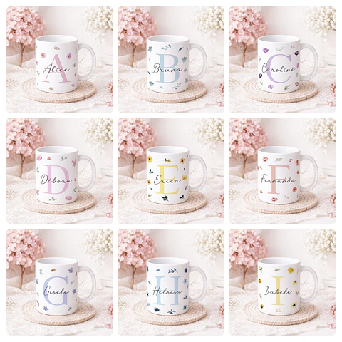 26 Artes para Canecas Alfabeto Flores Feminino Arquivo Editável 