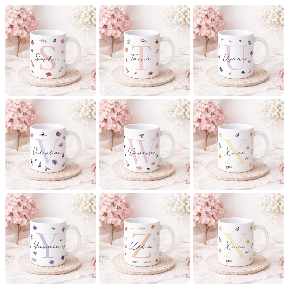 26 Artes para Canecas Alfabeto Flores Feminino Arquivo Editável  2