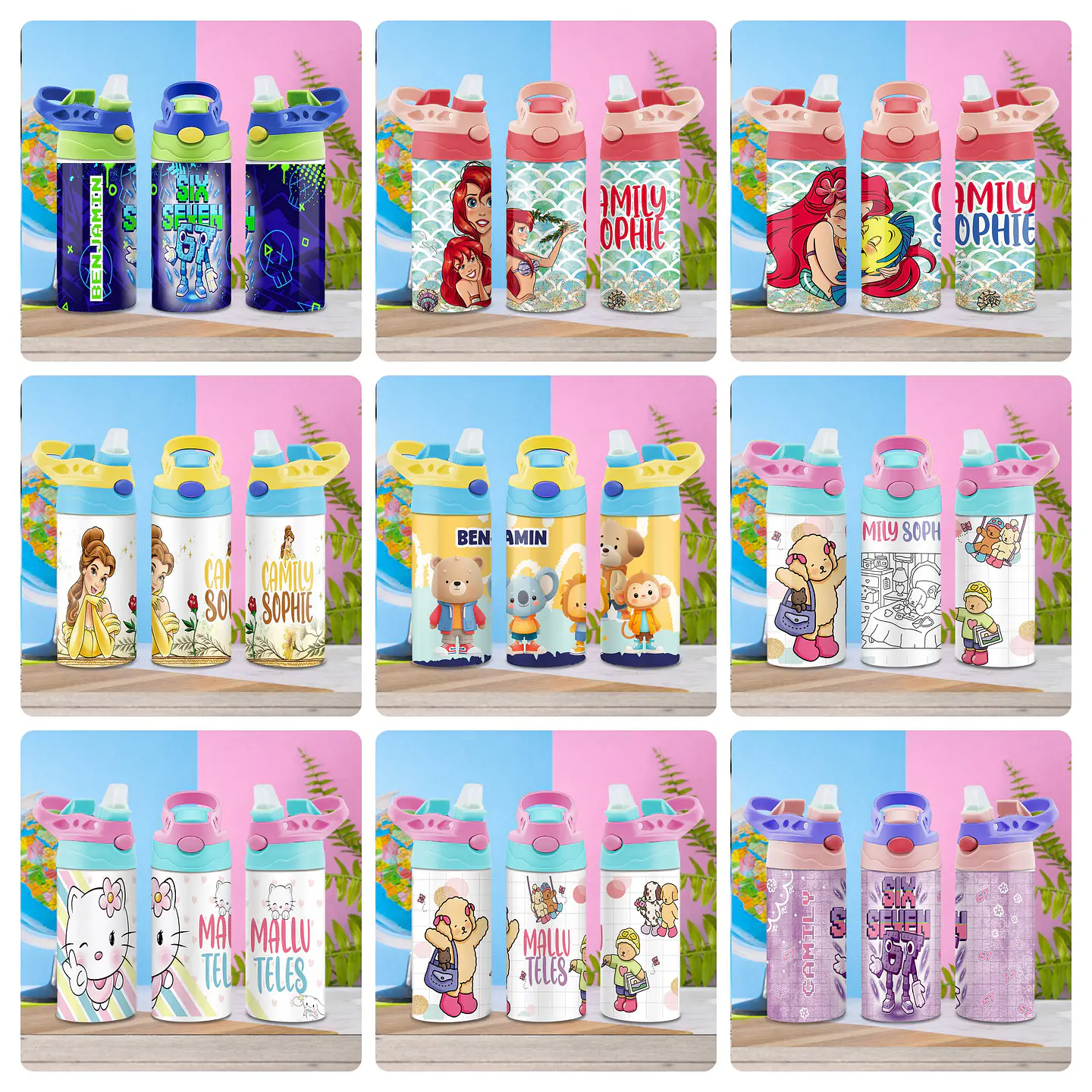 55 Artes para Squeeze Garrafinhas Personagens Volta as Aulas Editável 1