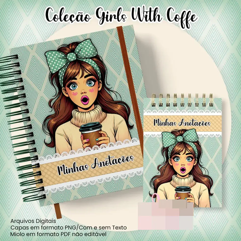 10 Artes para Caderno Pautado A5 Bloquinho A6  Coleção Retro Girls With Coffe Arquivo Pdf 8