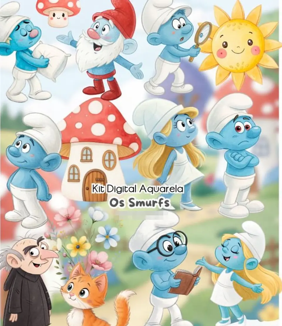 Kit Digital Os Smurfs Aquarela Arquivos em Png  1