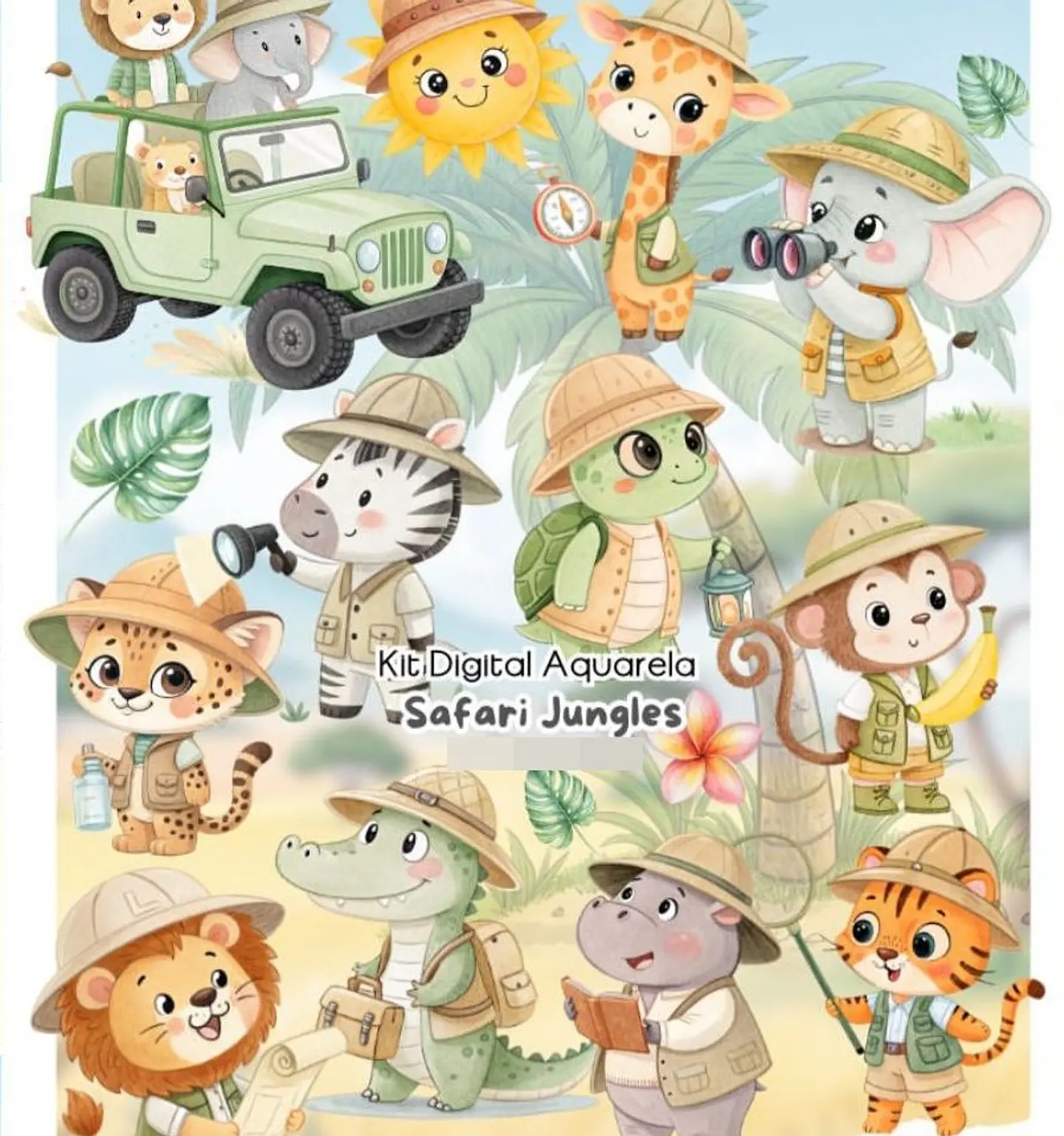 Kit Digital Safari Jungles Aquarela Arquivos em Png 1