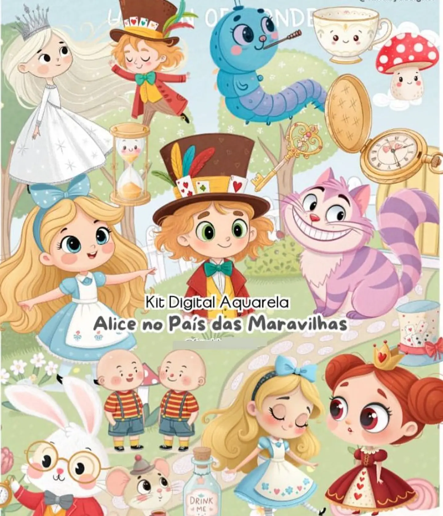 Kit Digital Alice No Páis Das Maravilhas Aquarela Arquivos em Png 1