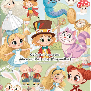 Kit Digital Alice No Páis Das Maravilhas Aquarela Arquivos em Png