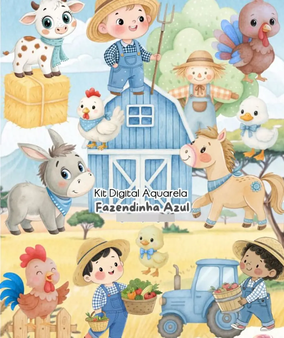 Kit Digital Fazendinha Aquarela Arquivos em Png 1