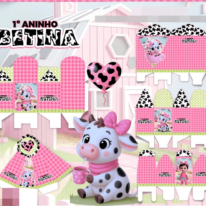 Kit Digital Festa Vaquinha Rosa 3D Arquivos em Png 1
