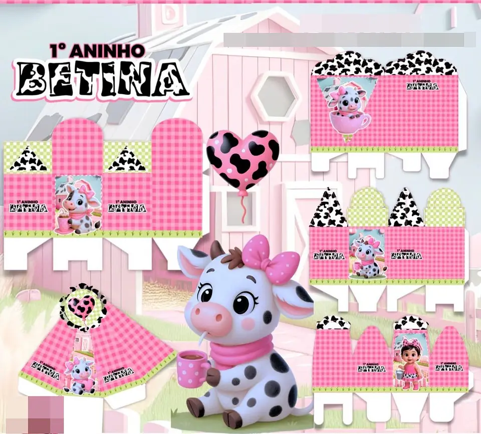 Kit Digital Festa Vaquinha Rosa 3D Arquivos em Png 1